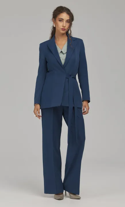 Longline Blazer with Side Tie Detail - cobalt