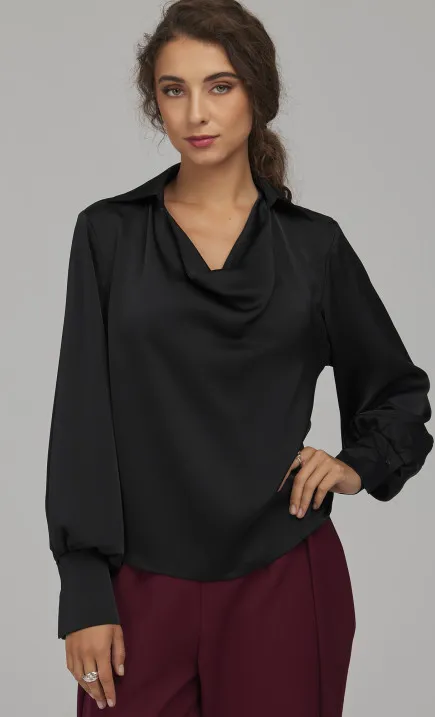 Collared Blouse with a Soft V-Neckline - black